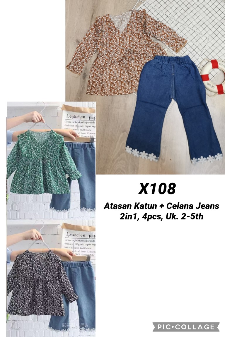 X108-Baju Katun Celana Jeans (2in1)-Seri 4