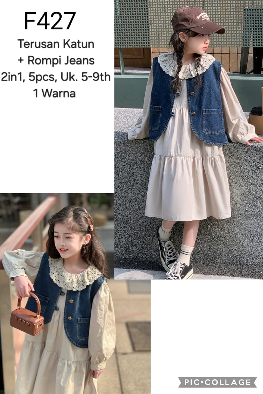 F427-Dress Katun Rompi Jeans (2in1)-Seri 5